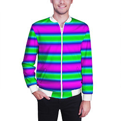 Бомбер мужской Зеленый и фиолетовые яркие неоновые полосы striped, цвет: 3D-белый — фото 2