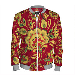 Бомбер мужской Хохломская Роспись Цветы На красном Фоне, цвет: 3D-меланж