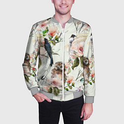 Бомбер мужской Цветы Нарисованные Магнолии и Птицы, цвет: 3D-меланж — фото 2