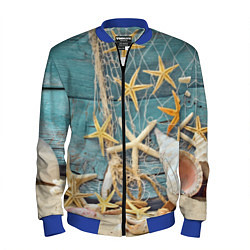 Бомбер мужской Натюрморт из сети, морских звёзд и ракушек - лето, цвет: 3D-синий