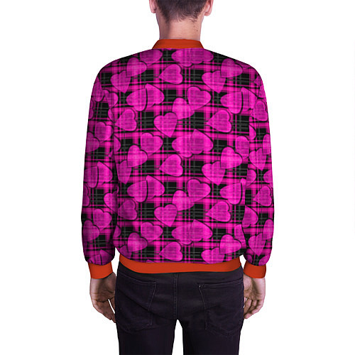 Мужской бомбер Black and pink hearts pattern on checkered / 3D-Красный – фото 4