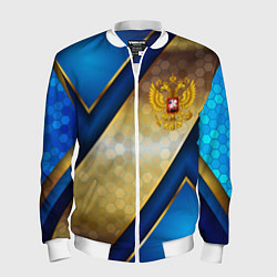 Бомбер мужской Золотой герб России на синем объемном фоне, цвет: 3D-белый