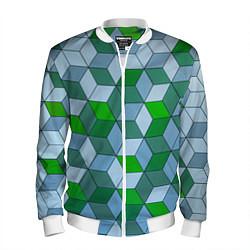 Бомбер мужской Зелёные и серые абстрактные кубы с оптической иллю, цвет: 3D-белый
