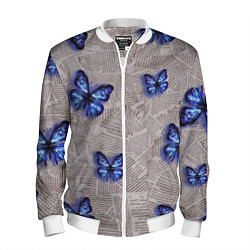 Бомбер мужской Газетные обрывки и синие бабочки, цвет: 3D-белый