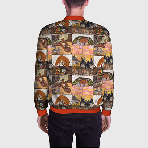 Мужской бомбер Коллаж из рисунков с лисой / 3D-Красный – фото 4