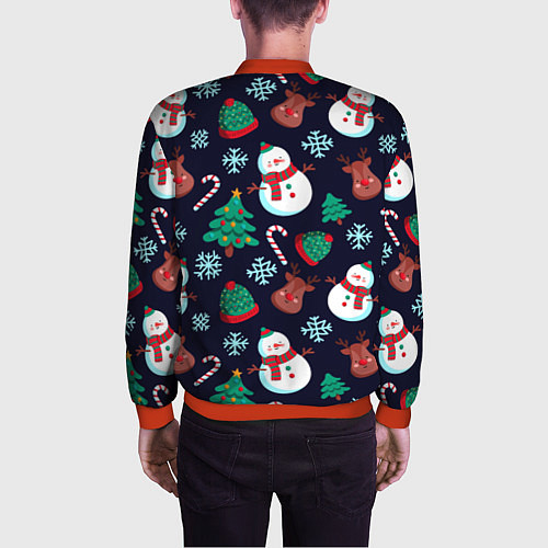 Мужской бомбер Снеговички с рождественскими оленями и елками / 3D-Красный – фото 4