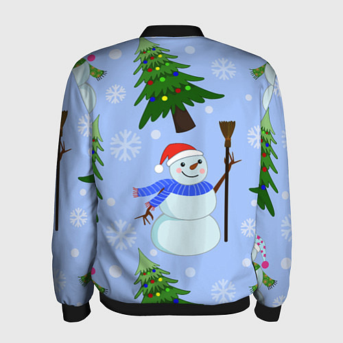 Мужской бомбер Снеговики с новогодними елками паттерн / 3D-Черный – фото 2