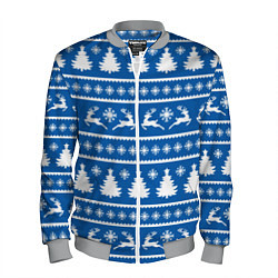 Бомбер мужской Синий свитер с новогодними оленями, цвет: 3D-меланж