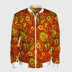 Бомбер мужской Хохломская роспись золотистые цветы на красном фон, цвет: 3D-белый