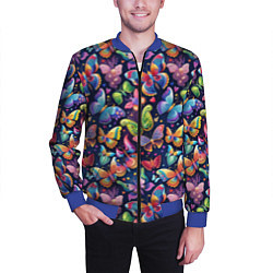Бомбер мужской Бабочки в паттерне разноцветный яркий фон, цвет: 3D-синий — фото 2