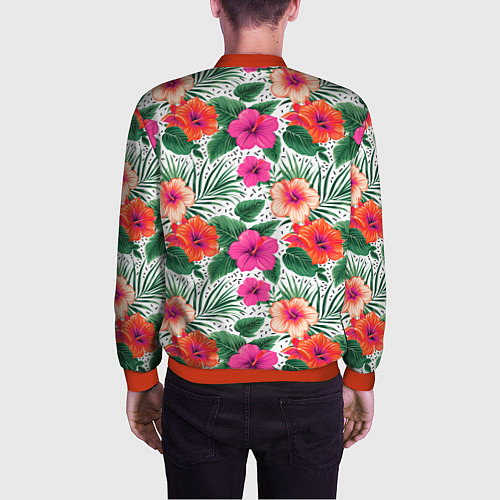 Мужской бомбер Цветы гибискуса и листья мальмы летний тропический / 3D-Красный – фото 4