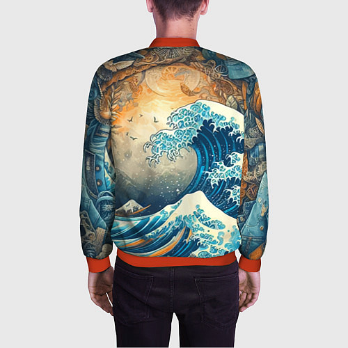 Мужской бомбер Коллаж с Японской волной - нейросеть / 3D-Красный – фото 4