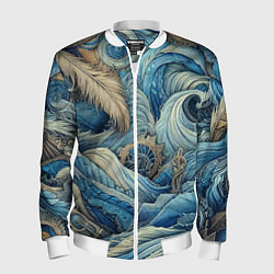 Бомбер мужской Паттерн из перьев и джинсы - нейросеть, цвет: 3D-белый