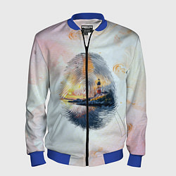 Бомбер мужской Маяк у моря на закате в отпечатке пальца, цвет: 3D-синий