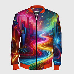 Бомбер мужской Неоновый город - нейроарт, цвет: 3D-красный