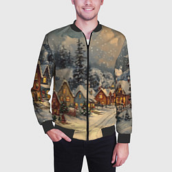 Бомбер мужской Новогодние зимние домики, цвет: 3D-черный — фото 2