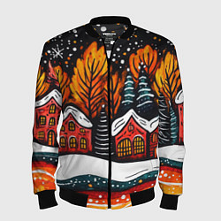 Бомбер мужской Новогоднее настроение - домики и елки, цвет: 3D-черный