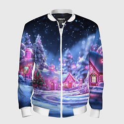 Бомбер мужской Неоновые новогодние домики, цвет: 3D-белый
