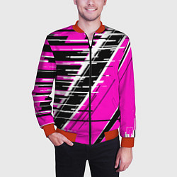 Бомбер мужской Чёрно-белые глитч полосы на розовом фоне, цвет: 3D-красный — фото 2