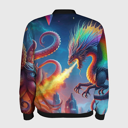 Мужской бомбер Огнедышащий дракон против осьминога - нейроарт фан / 3D-Черный – фото 2