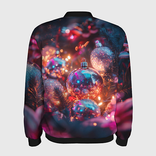 Мужской бомбер Новогодние шары и фиолетовые блески / 3D-Черный – фото 2