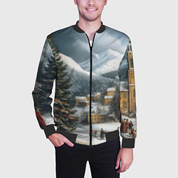 Бомбер мужской Новогодняя огромная елка и маленькие домики, цвет: 3D-черный — фото 2