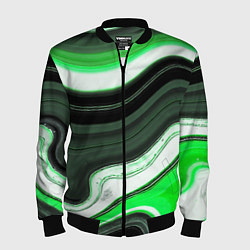 Бомбер мужской Волнистые горизонтальные чёрно-зелёные полосы на б, цвет: 3D-черный