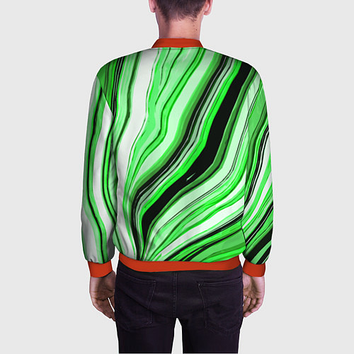 Мужской бомбер Волнистые вертикальные чёрно-зелёные полосы / 3D-Красный – фото 4