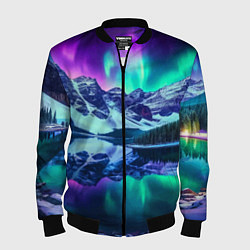 Бомбер мужской Северное сияние над горами - неоновое свечение, цвет: 3D-черный