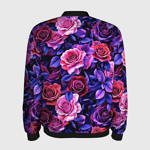Мужской бомбер Разноцветные цветы - синие розы паттерн / 3D-Черный – фото 2