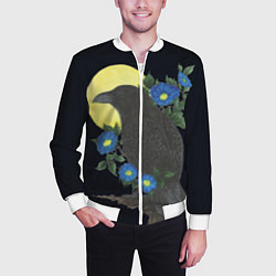 Бомбер мужской Чёрный ворон на ветке среди синих цветов под луной, цвет: 3D-белый — фото 2