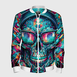 Бомбер мужской Кибер череп в балахоне и очках - нейроарт фантазия, цвет: 3D-белый