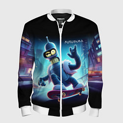 Бомбер мужской Bender is a skateboarder in neon street - ai art, цвет: 3D-белый