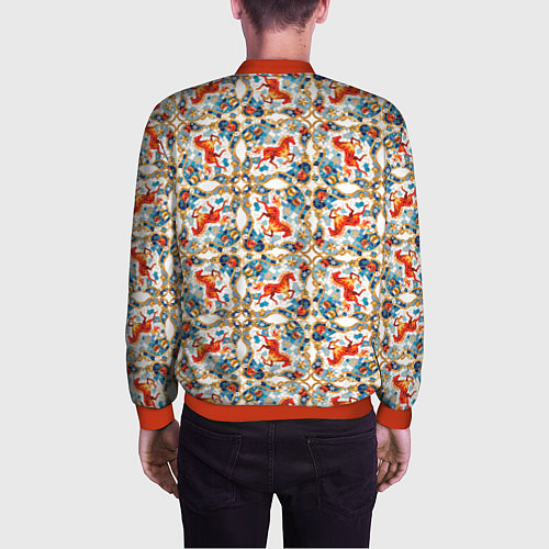 Мужской бомбер Орнамент с лошадью - символом Нового 2026 года / 3D-Красный – фото 4