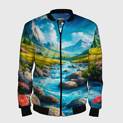 Бомбер мужской Пейзаж художественный горы речка камни, цвет: 3D-черный
