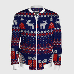 Бомбер мужской Новогодний вязаный паттерн, цвет: 3D-белый