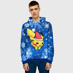 Толстовка-худи мужская Новогодний Пикачу в полете, цвет: 3D-синий — фото 2
