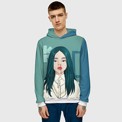 Толстовка-худи мужская Billie Eilish: Turquoise Hair, цвет: 3D-белый — фото 2