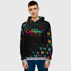 Толстовка-худи мужская GENSHIN IMPACT NEON LOGO RAINBOW STYLE, ЭМБЛЕМЫ, цвет: 3D-меланж — фото 2