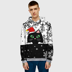 Толстовка-худи мужская Новогодний кот в колпаке Санты, цвет: 3D-меланж — фото 2