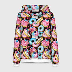 Толстовка-худи мужская Узор из сладостей на черном фоне, цвет: 3D-белый