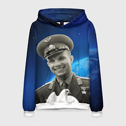 Толстовка-худи мужская Юрий Гагарин с голубем 3D, цвет: 3D-белый
