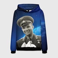 Толстовка-худи мужская Юрий Гагарин с голубем 3D, цвет: 3D-черный