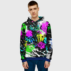 Толстовка-худи мужская Разноцветные пятна краски на черном фоне, цвет: 3D-синий — фото 2