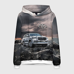 Толстовка-худи мужская Toyota Land Cruiser 200 среди скал, цвет: 3D-белый