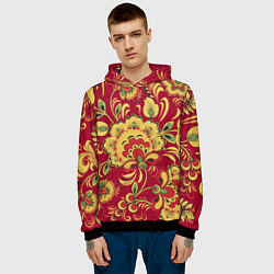 Толстовка-худи мужская Хохломская Роспись Цветы На красном Фоне, цвет: 3D-черный — фото 2