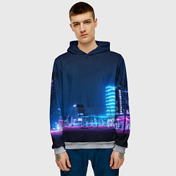 Толстовка-худи мужская Неоновый ночной город - Светло-синий, цвет: 3D-меланж — фото 2