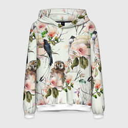 Толстовка-худи мужская Цветы Нарисованные Магнолии и Птицы, цвет: 3D-белый