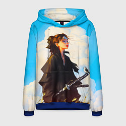 Толстовка-худи мужская Девушка самурай и облака, цвет: 3D-синий