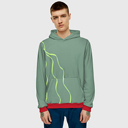 Толстовка-худи мужская Абстрактные зеленые линии на фоне цвета хаки, цвет: 3D-красный — фото 2
